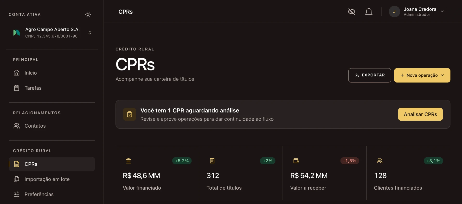 Painel da plataforma Native com a visão financeira da carteira